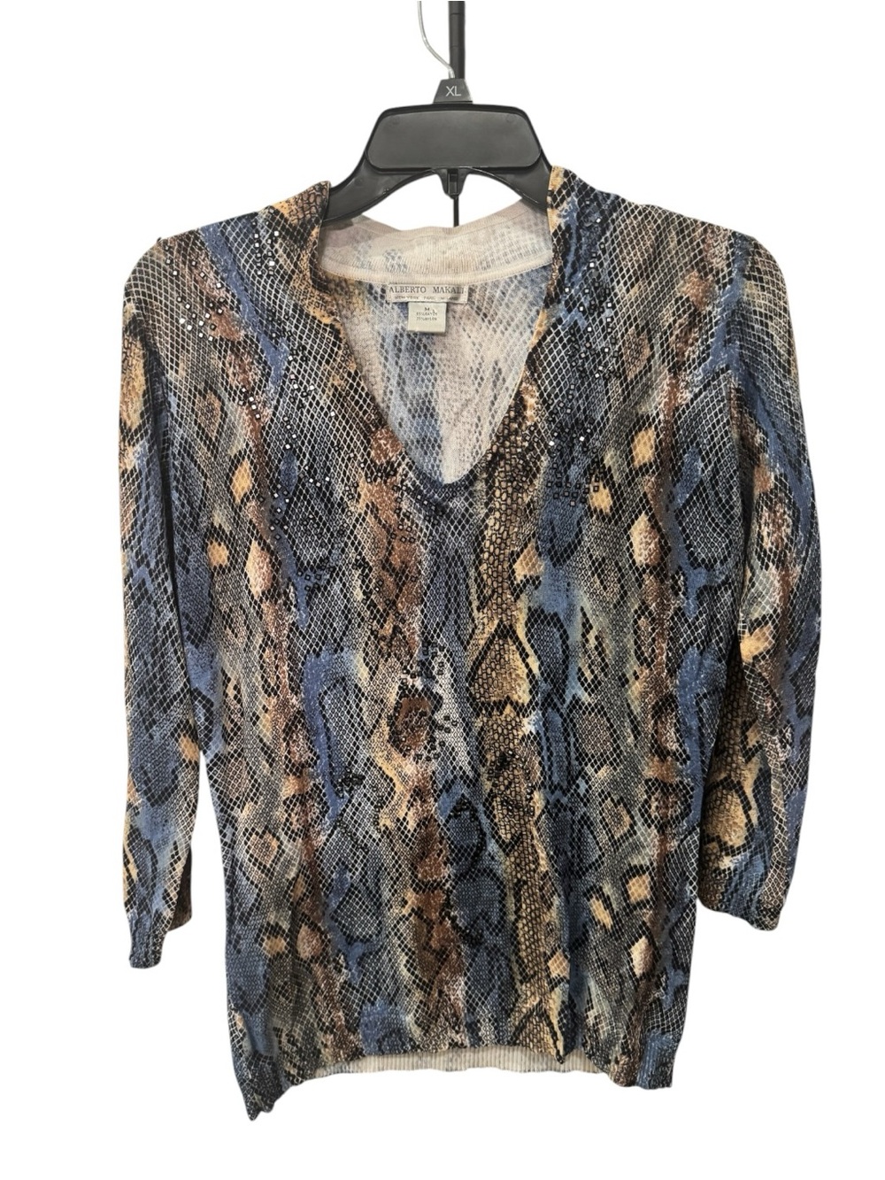 Alberto Makali Blue, Brown & Black Snake-Print V-Neck Sweater size M